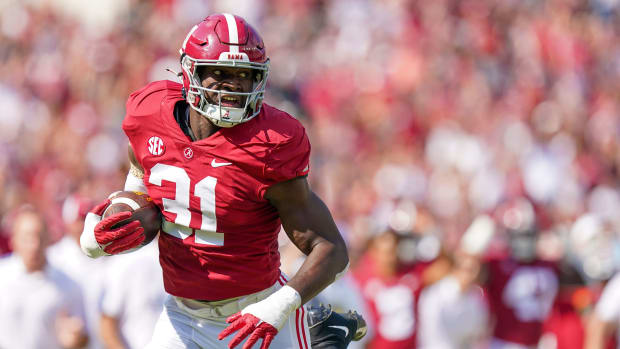 Sep 17, 2022; Tuscaloosa, Alabama, USA; Alabama Crimson Tide linebacker Will Anderson Jr. (31) returns an interception for a touchdown against the Louisiana Monroe Warhawks during the first half at Bryant-Denny Stadium.